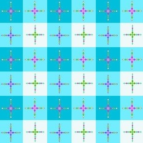 Crosses on Blue and White Gingham - Colorful Hand-drawn Crosses on Blue and White Gingham - 1 inch scale approximately for each square