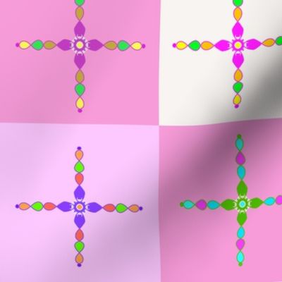 Colorful crosses on pink and white gingham - approximately 4 1/4 inch squares on the fabric. 