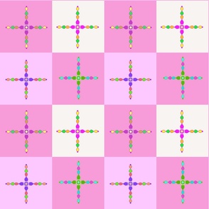 Colorful crosses on pink and white gingham - approximately 4 1/4 inch squares on the fabric. 