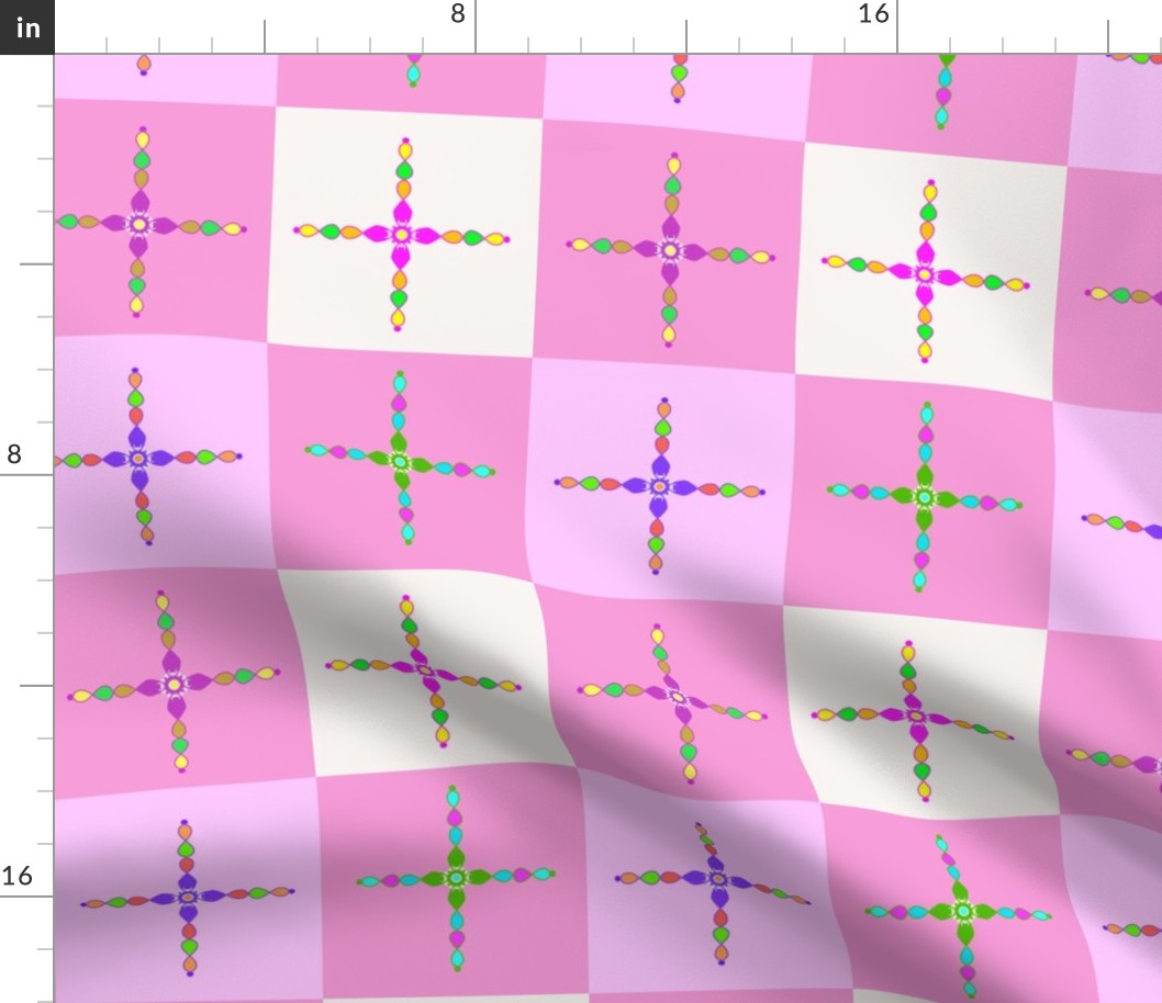 Colorful crosses on pink and white gingham - approximately 4 1/4 inch squares on the fabric. 