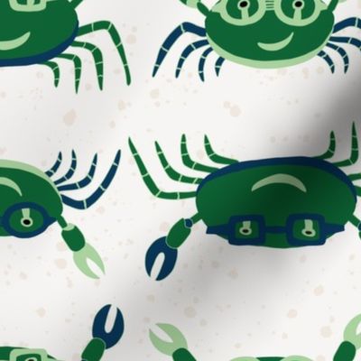 Large - Cute Crabs Crawling on the Beach - Emerald Green - Navy - Celadon Green