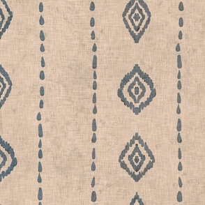 Organic woven diamonds and dotted lines in blue on natural linen