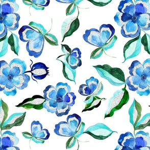 (M) Whimsical  blue Indian flowers in watercolor from Anines Atelier. 