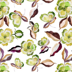 (M) Whimsical lime green  Indian flowers in watercolor from Anines Atelier. 