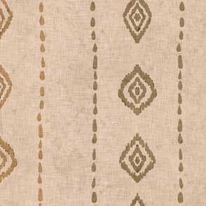 Organic woven diamonds and dotted lines in olive and ochre on natural linen