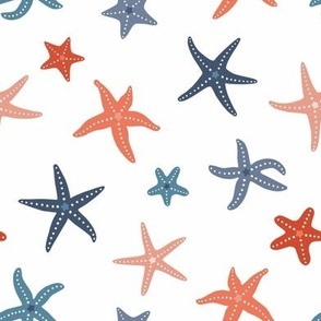 Small starfishes with different shapes - blue and red on white background