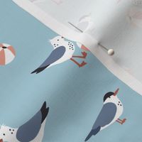 Seagulls and terns playing with beach balls - blue - small scale