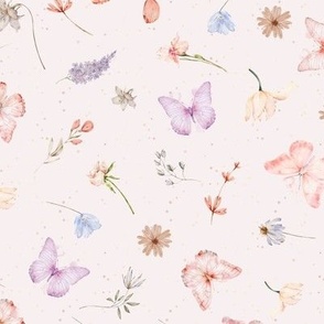 Baby Pink Butterfly floral nursery butterflies with peach wildflowers pastel botanical watercolor easter flowers light pink baby girl shabby chic butterfly