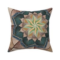 24” repeat handdrawn radiating mandala onto geometric puzzle pieces doodles in earthy browns, teal and yellow