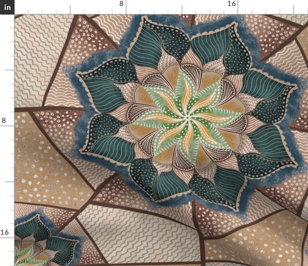 24” repeat handdrawn radiating mandala onto geometric puzzle pieces doodles in earthy browns, teal and yellow