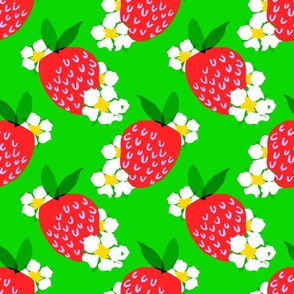 Strawberry Squared Pastel Green Grass Mini Summer Fruit And Flowers Retro Modern Grandmillennial Garden Floral Botany Red, Green, Yellow And White Scandi Kitchen Repeat Pattern