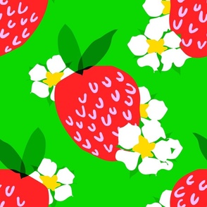 Strawberry Squared Pastel Green Grass Summer Fruit And Flowers Retro Modern Grandmillennial Garden Floral Botany Red, Green, Yellow And White Scandi Kitchen Repeat Pattern