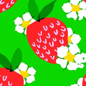 Strawberry Squared Pastel Green Grass Big Summer Fruit And Flowers Retro Modern Grandmillennial Garden Floral Botany Red, Green, Yellow And White Scandi Kitchen Repeat Pattern