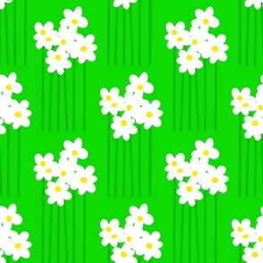 Tall Daisy Half-Drop Bright Yellow And White Flowers On Grass Green Ditzy Style Retro Modern Cheerful Bright Floral Pattern