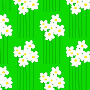 Tall Daisy Big Half-Drop Bright Yellow And White Flowers On Grass Green Ditzy Style Retro Modern Cheerful Bright Floral Pattern