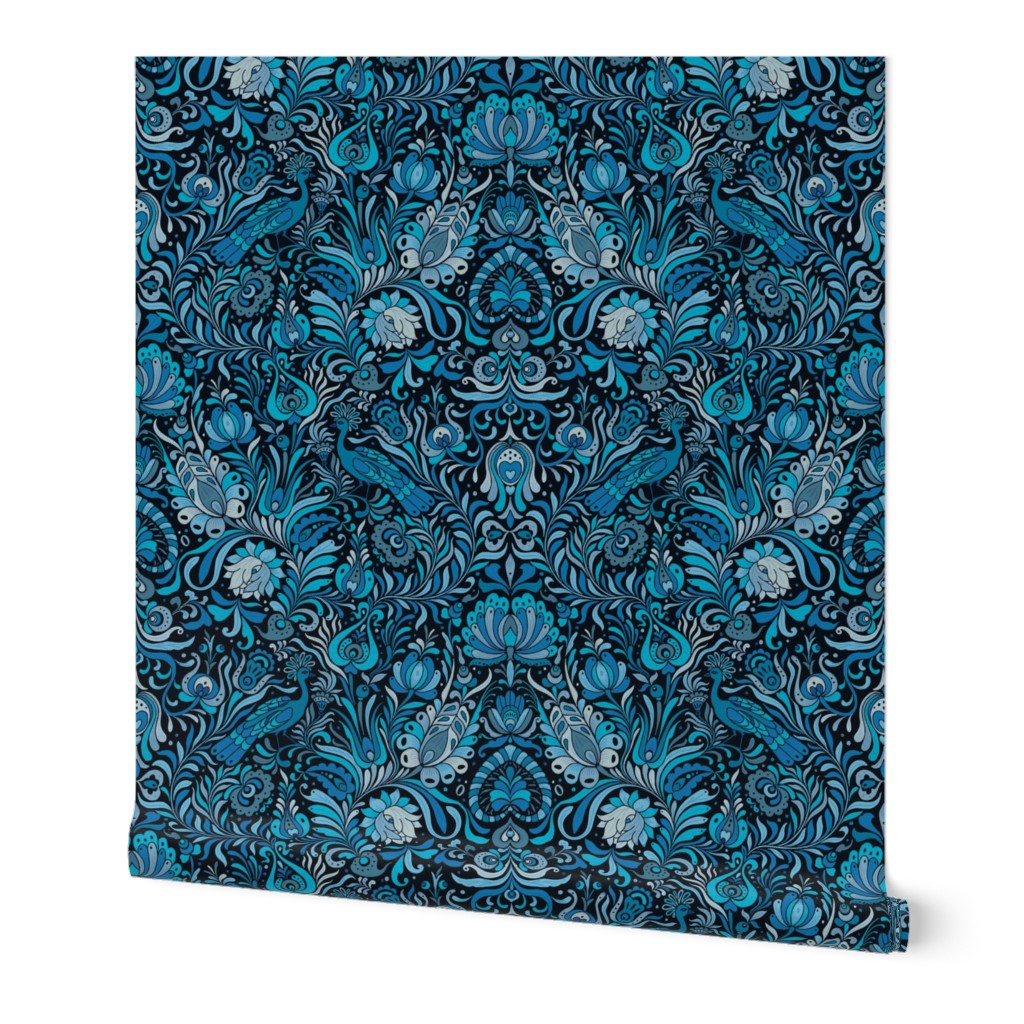 (huge) hungarian peacock damask bright blue tones dark