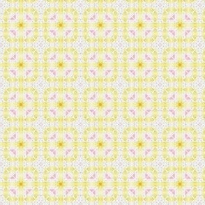 Geometric abstract flowers in soft yellow and pink on a neutral background