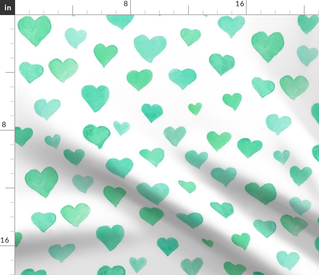 Watercolor Hearts in Green and White