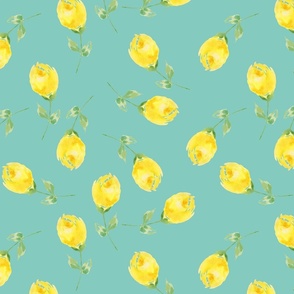 Large// Watercolor yellow blooming roses in teal turquoise