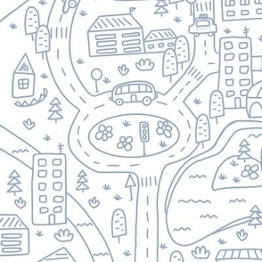 FS Map Small Town with Roads, Cars and Houses Blue Gray on White
