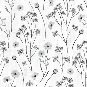 Floral grey wildflowers. Black and white linen floral. LARGE