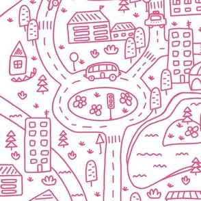 FS Map Small Town with Roads, Cars and Houses Dark Pink on White