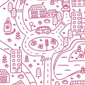 FS Map Small Town with Roads, Cars and Houses Raspberry Pink on White