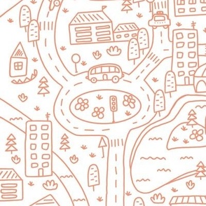 FS Map Small Town with Roads, Cars and Houses Tangerine on White
