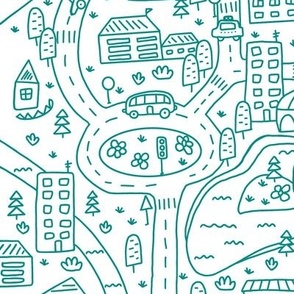 FS Map Small Town with Roads, Cars and Houses Teal on White