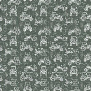 Micro Scale / Tractor Blueprint / Moss Green Linen Textured Background