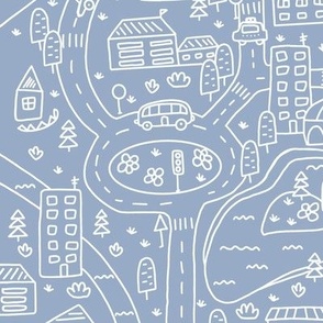 FS Map Small Town with Roads, Cars and Houses White on Blue Gray