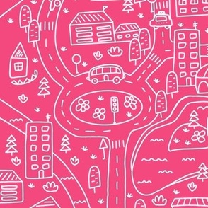 FS Map Small Town with Roads, Cars and Houses White on Dark Pink