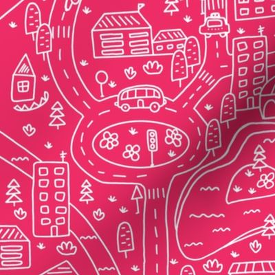 FS Map Small Town with Roads, Cars and Houses White on Raspberry Pink