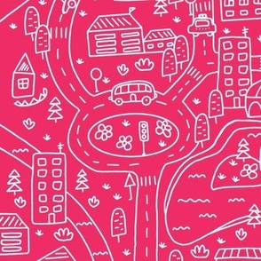 FS Map Small Town with Roads, Cars and Houses White on Raspberry Pink