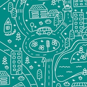 FS Map Small Town with Roads, Cars and Houses White on Teal