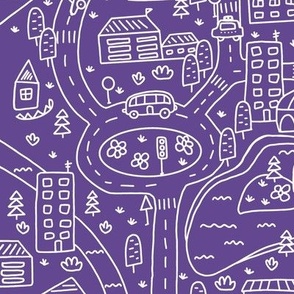FS Map Small Town with Roads, Cars and Houses White on Ultra Violet