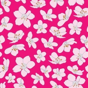 Vector artwork hand drawn pink cherry blossoms on vibrant pink background
