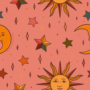 Folk Moon and Star Print in Pink