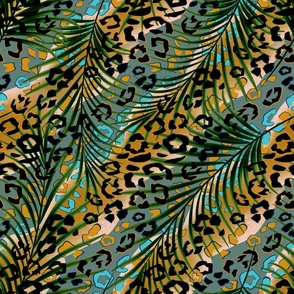 Leopard pattern on palm leaves. Black spots on a turquoise, orange background.