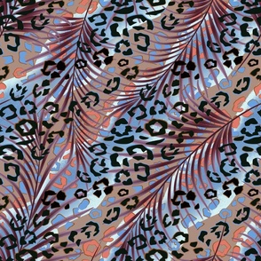 Leopard pattern on palm leaves. Black spots on a blue, brown background.