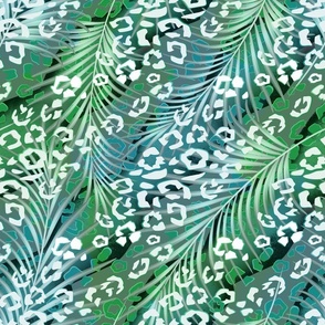 Leopard pattern on palm leaves. White spots on a green, blue background.