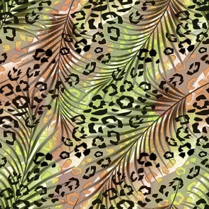 Leopard pattern on palm leaves. Black spots on a mint, beige background. 