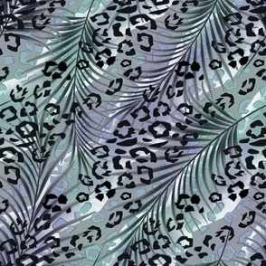 Leopard pattern on palm leaves. Black spots on a lilac, turquoise background.