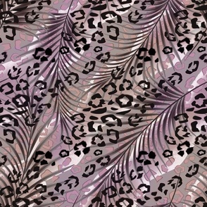 Leopard pattern on palm leaves. Black spots on a lilac, brown background.