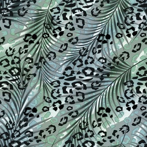 Leopard pattern on palm leaves. Black spots on a gray, green background.