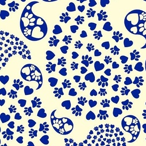 Blue Paws and Hearts Paisley Pattern 