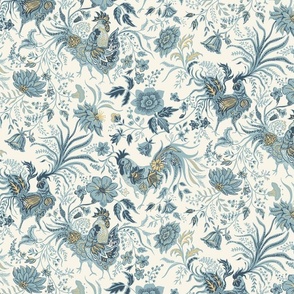 French-country-rooster-floral-in-soft-blue-and-gold-on-ivory small scale