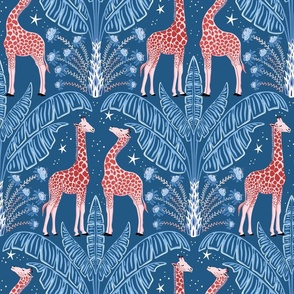 Tropical Night Safari Giraffe/blue and rust red/large