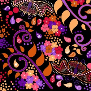 Bright Botanical Butterflies in the Summer Garden, Large, Jewel Colors of Orange, Yellow, Red, Lilac, Purple, Pink on Black