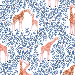 Giraffe trellis/blue leaves on pure white/large